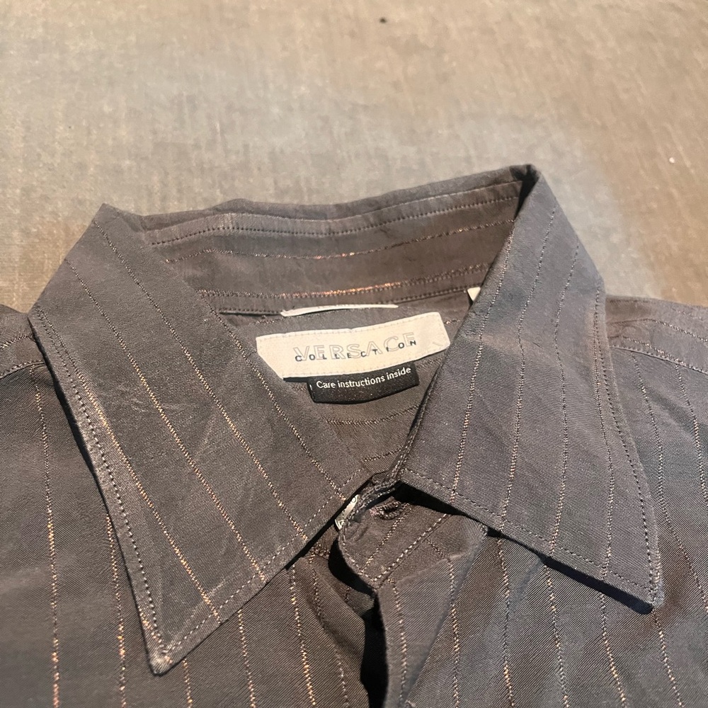 Versace Collection Grey Button-Up Dress Shirt – Gold Stripe Detail